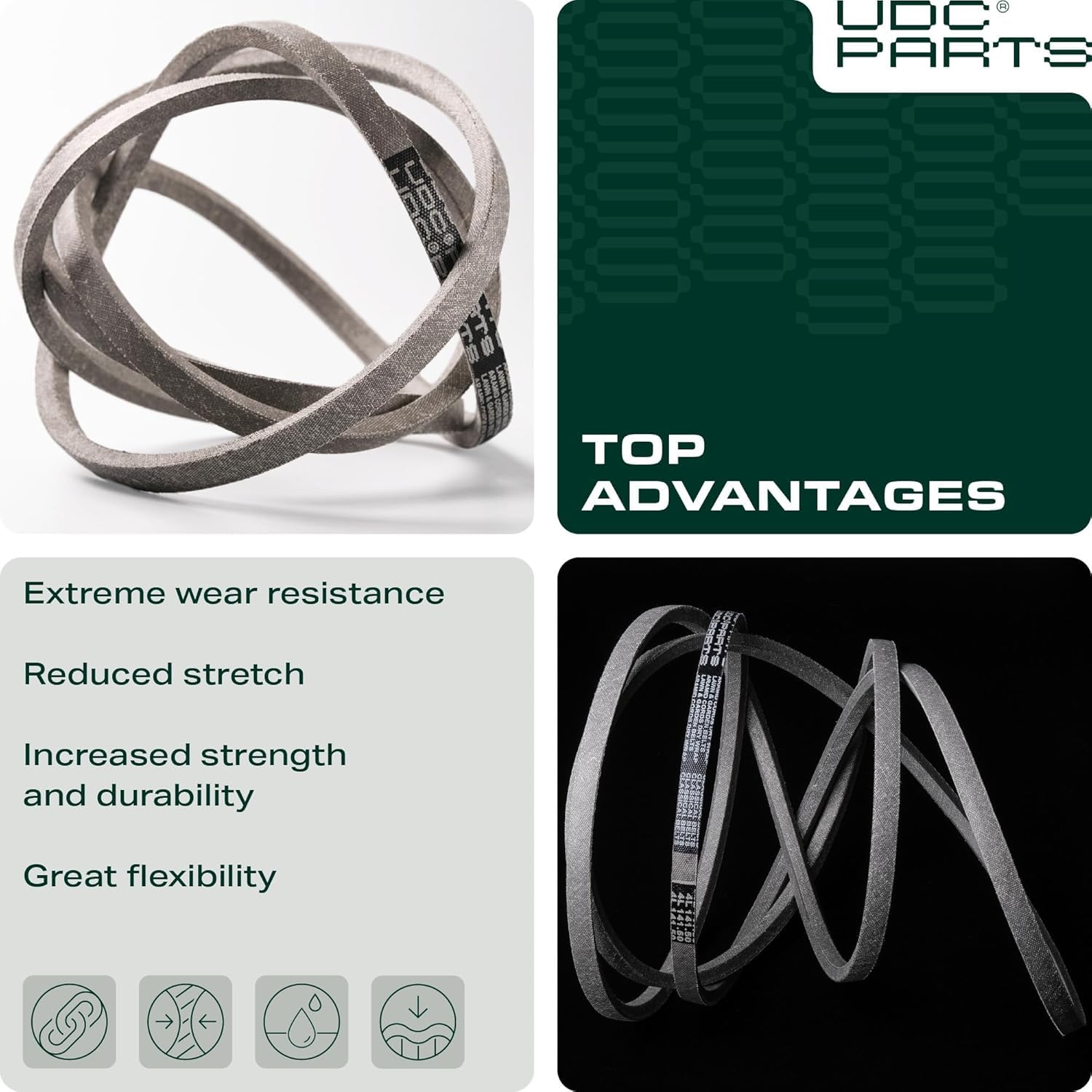 UDC Mower Belts label close-up showing OEM numbers for easy cross-reference