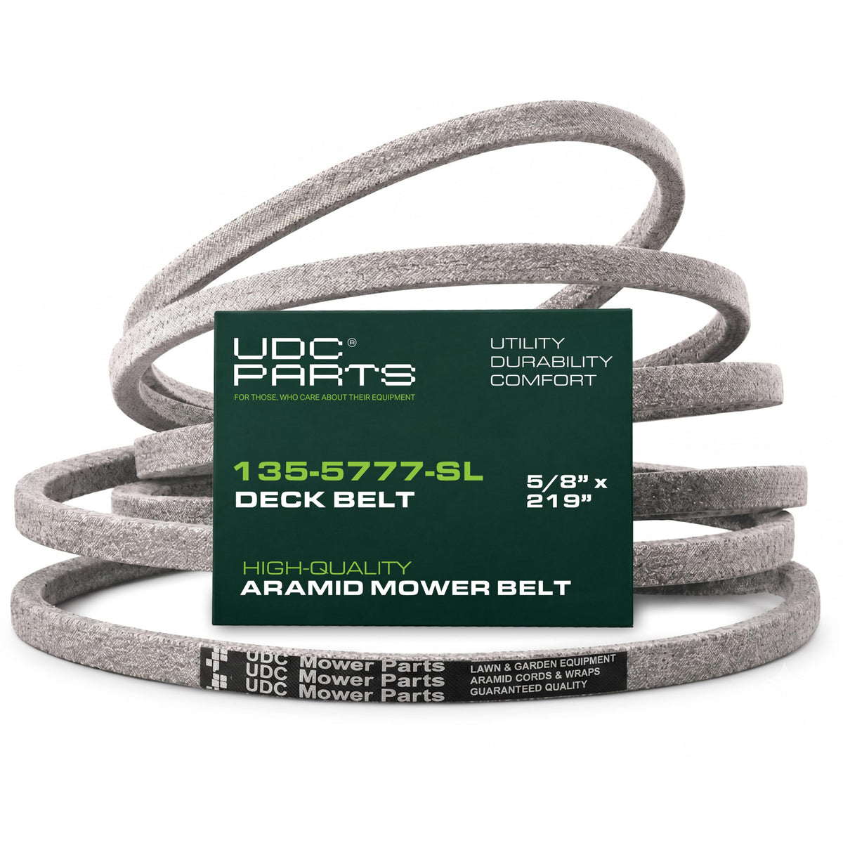 UDC Mower Belts front packaging showing Exmark compatibility and clarity