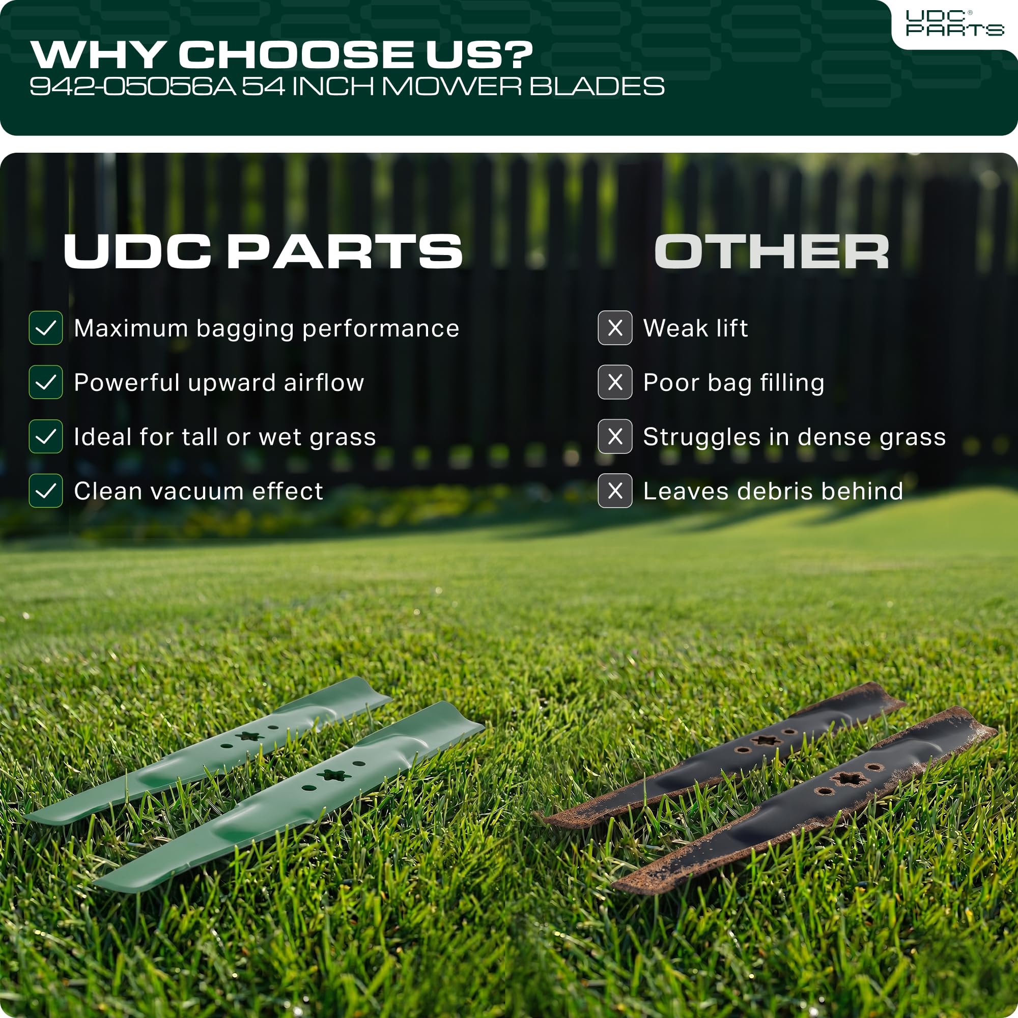 UDC Parts blade installed on mower deck demonstrating fit and restored cutting performance