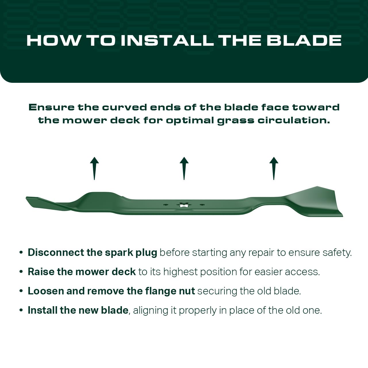 UDC Parts blade on a mower cutting grass showing restored deck performance