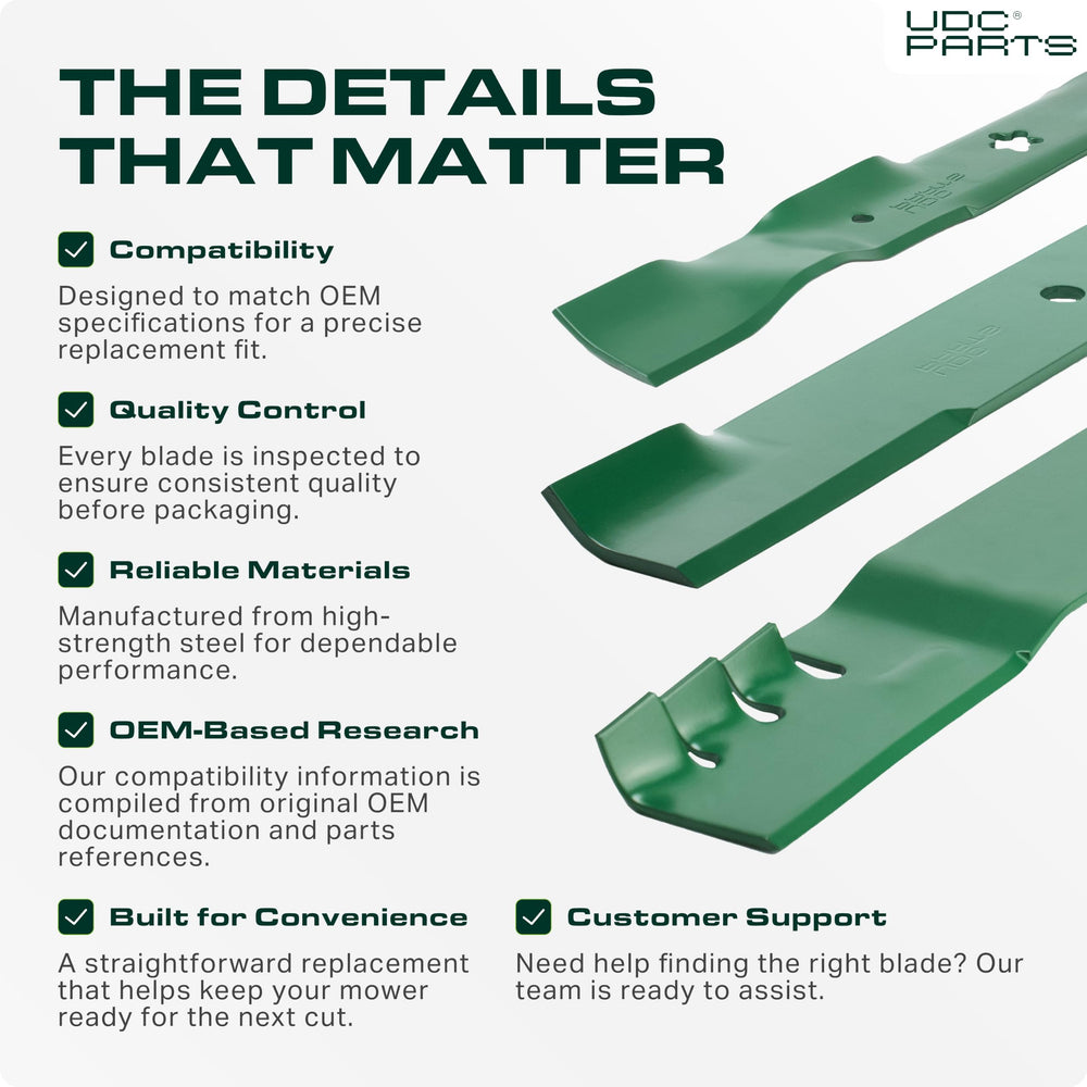 UDC Parts blade installed on mower deck demonstrating easy replacement benefit