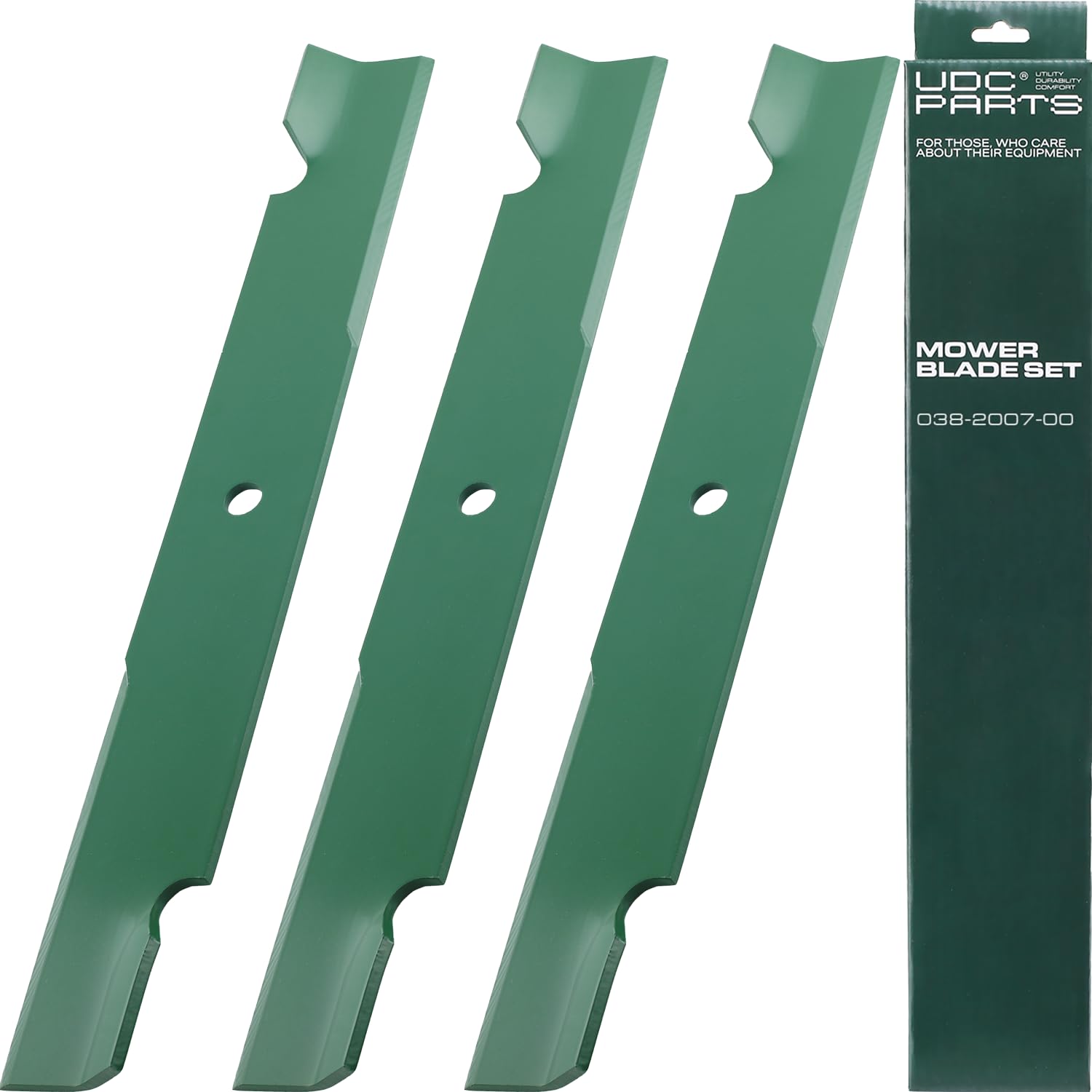 UDC Parts front packaging showing three 60-inch replacement blades for quick identification and purchase