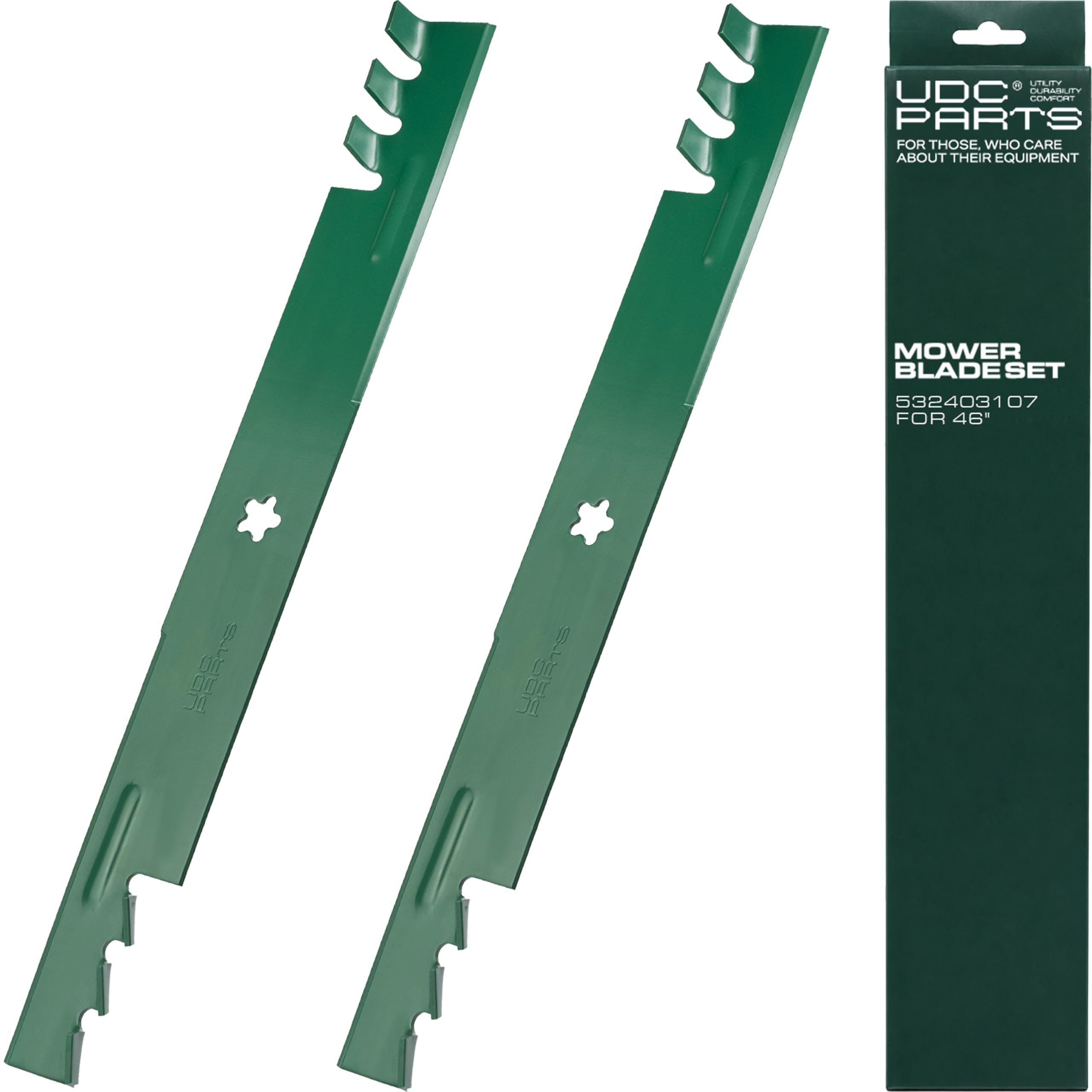 UDC Parts front packaging showing Husqvarna 532403107 blade and clear compatibility