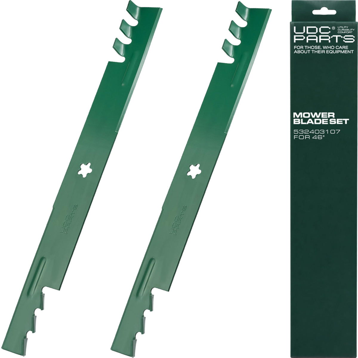 UDC Parts front packaging showing Husqvarna 532403107 blade and clear compatibility