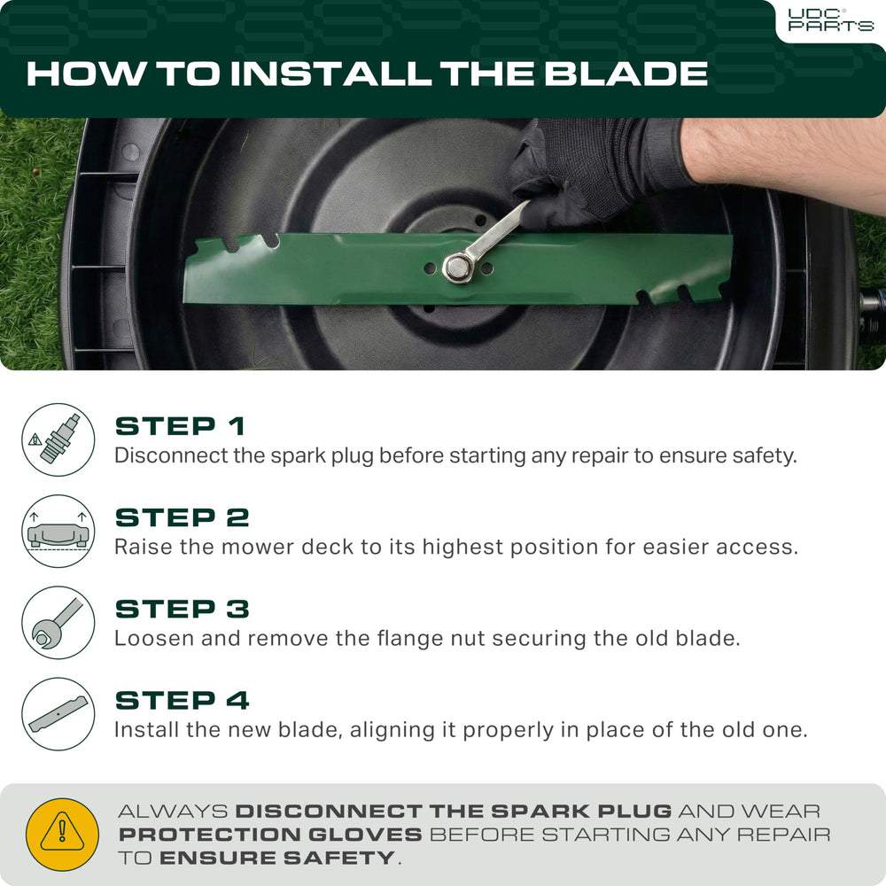 UDC Parts blade cutting grass on a lawn mower for restored mowing performance