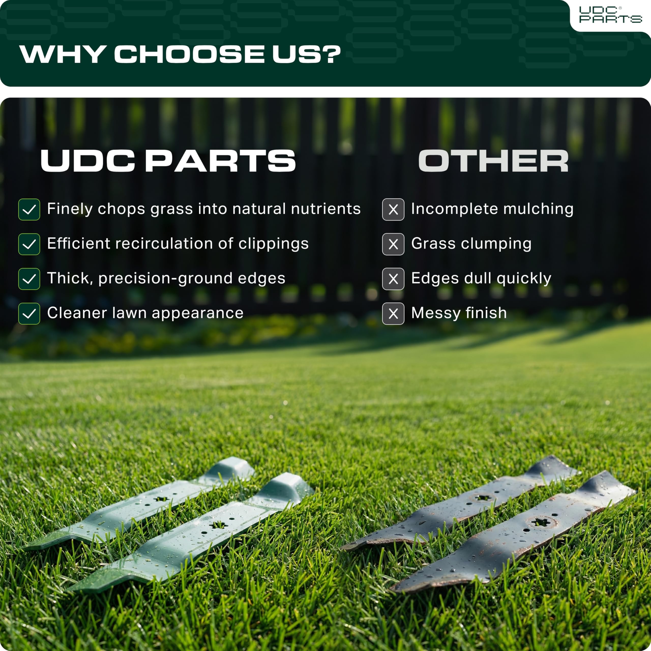 UDC Parts blade beside ruler confirming 17-1/4" diagonal length and accurate sizing.