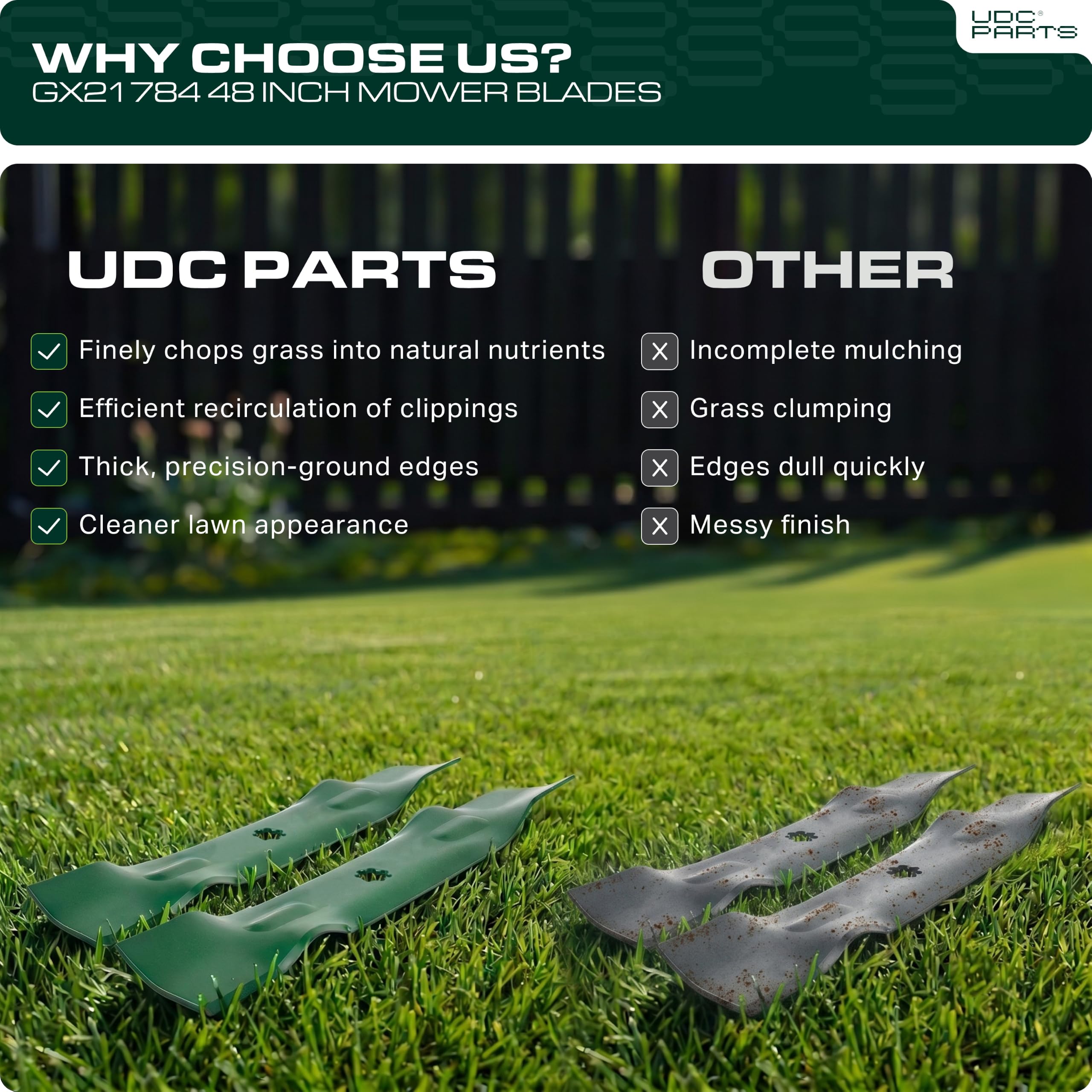 UDC Parts blade next to ruler showing 17 inch diagonal length for correct fit