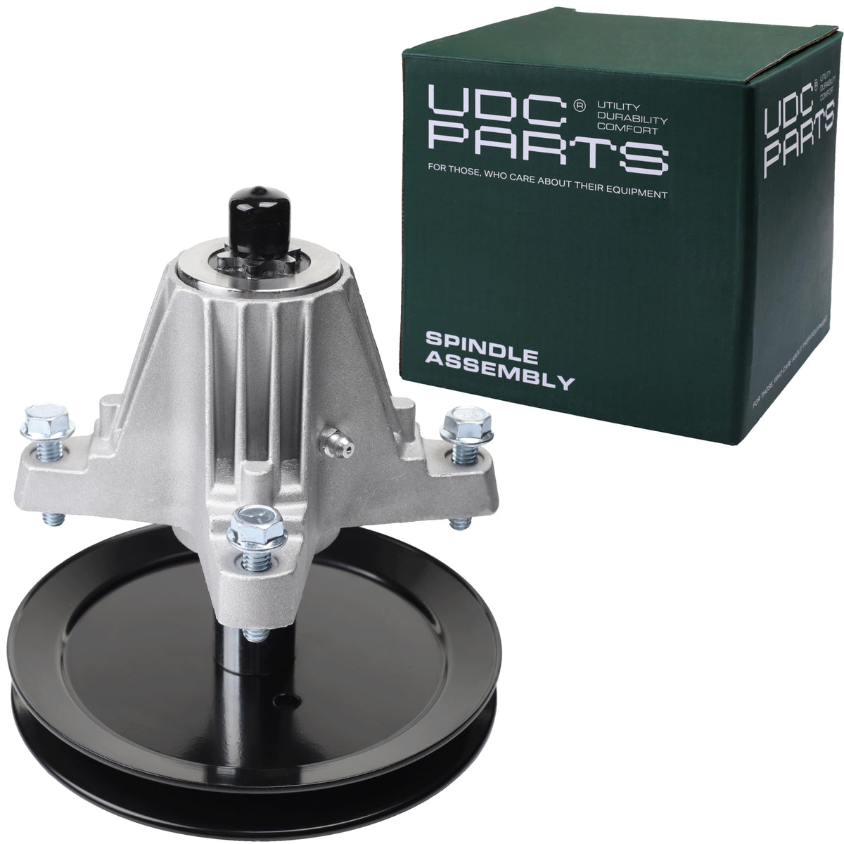 UDC Parts spindle front view showing whole assembly and durable finish benefits