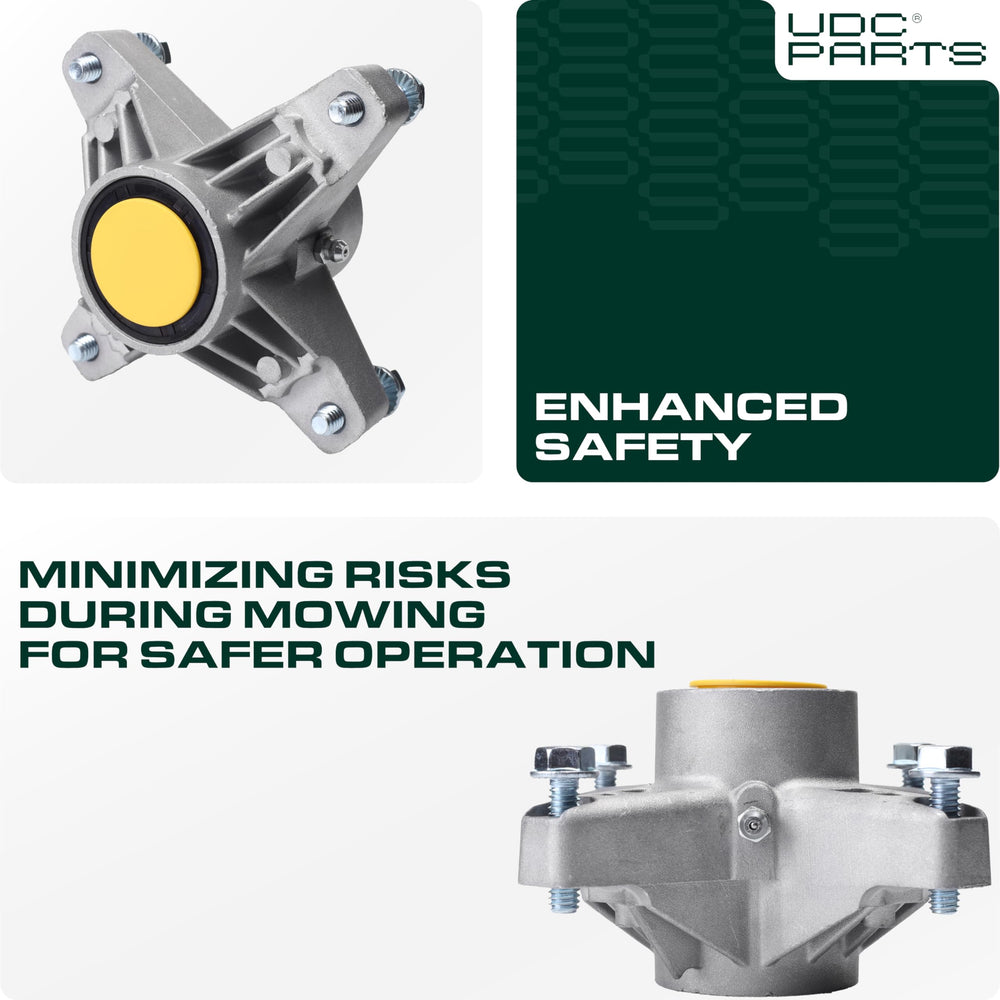 UDC Parts spindle installed on a mower deck demonstrating restored alignment and performance