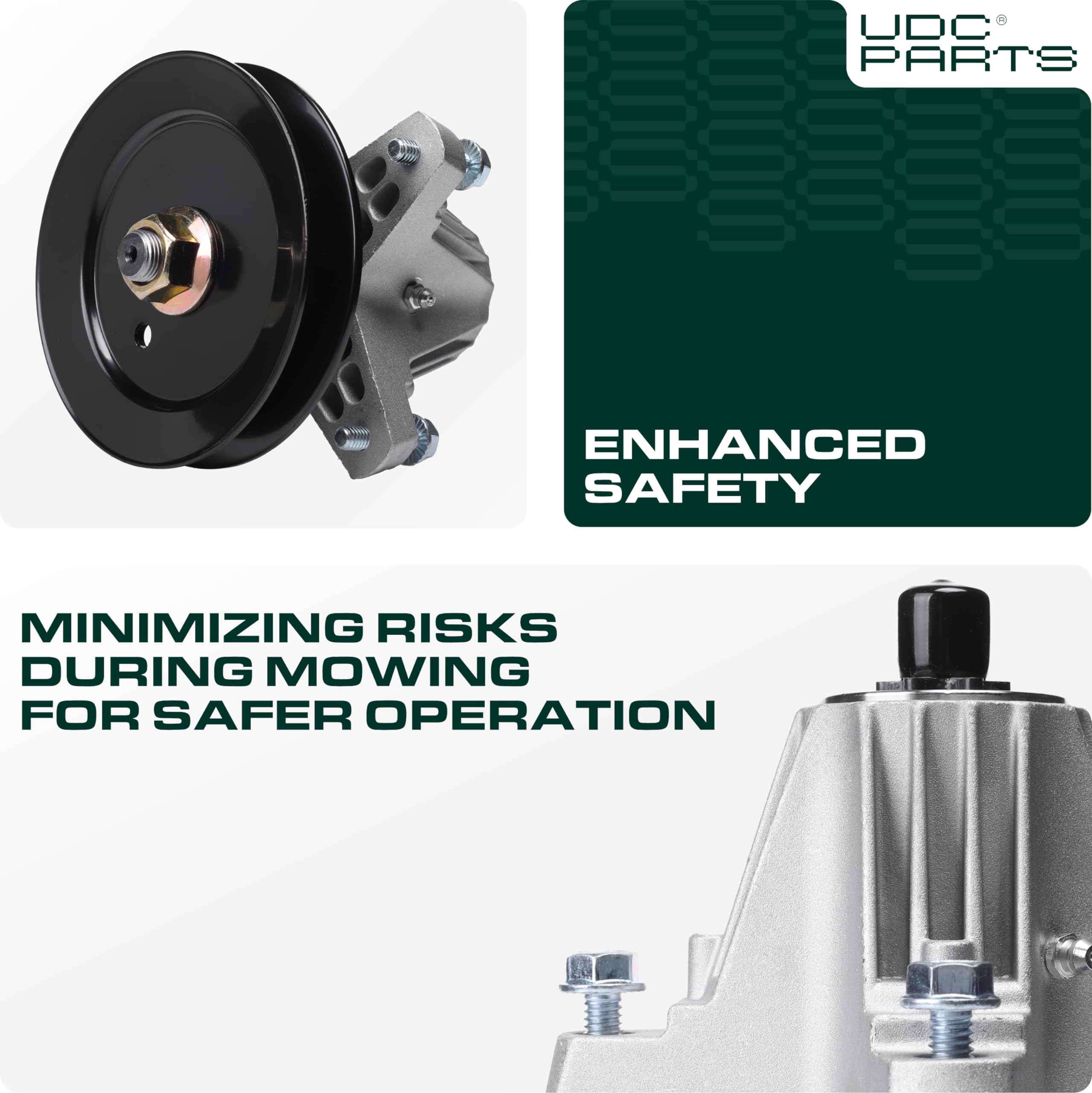 UDC Parts spindle installed on mower deck restoring blade stability benefit