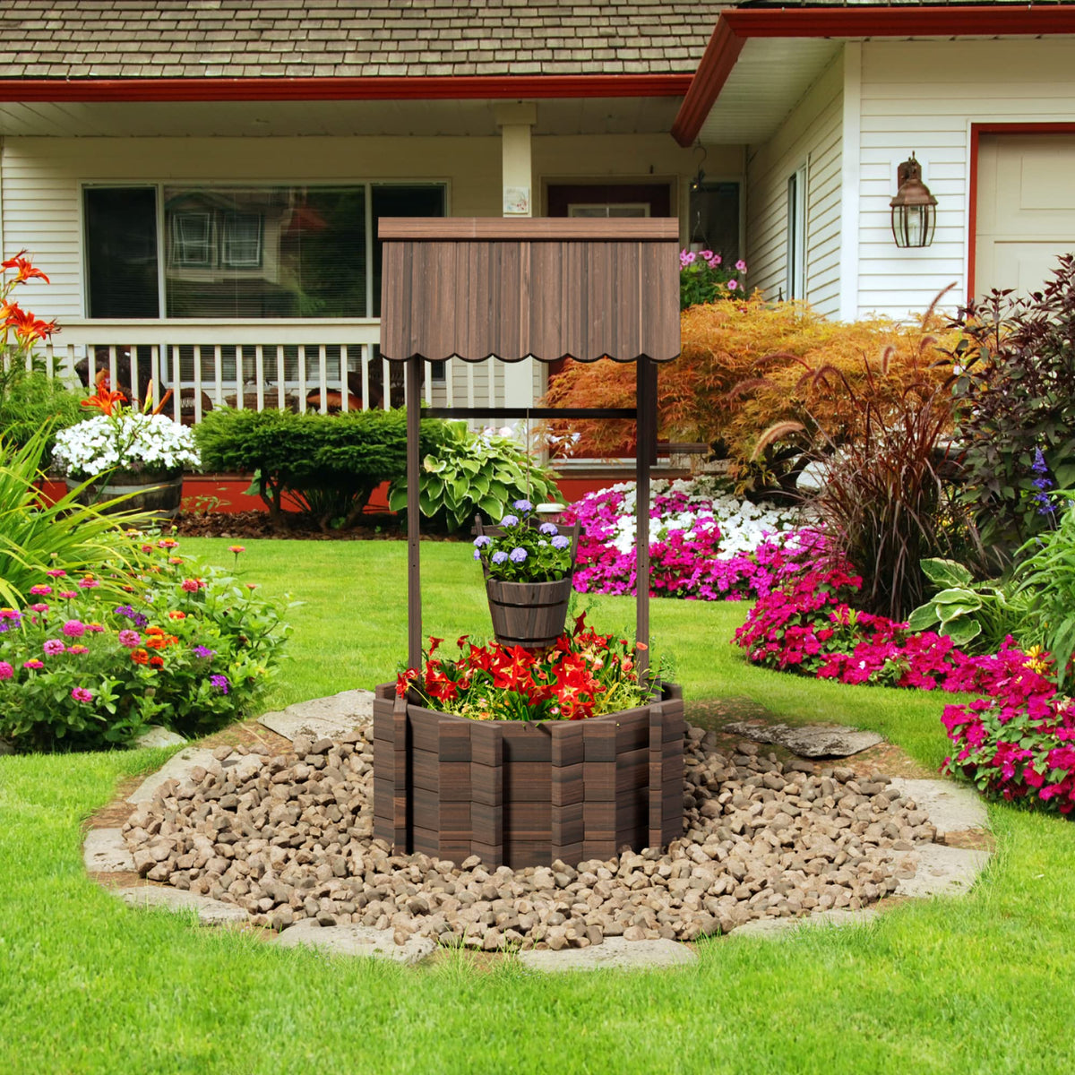 UDPATIO front view of wishing well planter showing rustic charm and curb appeal