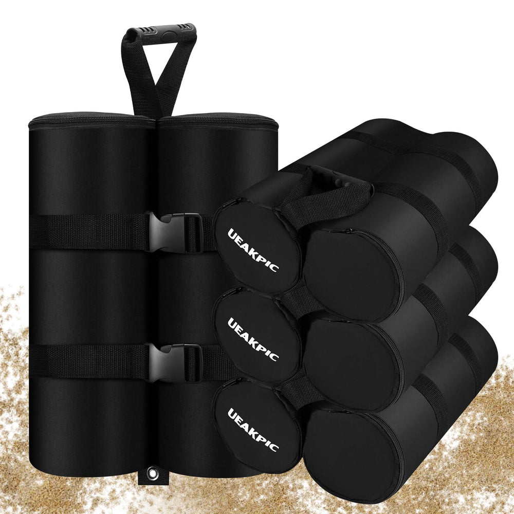 UEAKPIC front view of four black canopy sandbags showing stable setup benefit
