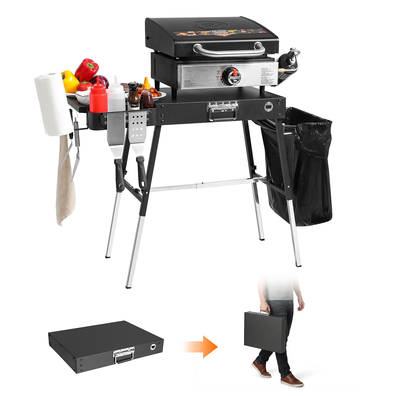 Ueiticsk front view of grill table showing sturdy frame and storage benefits
