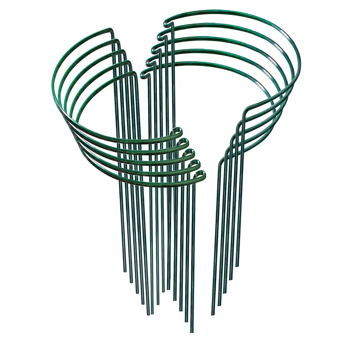 UEUORF front view of 10-pack green metal plant stakes showing compact packaging and value