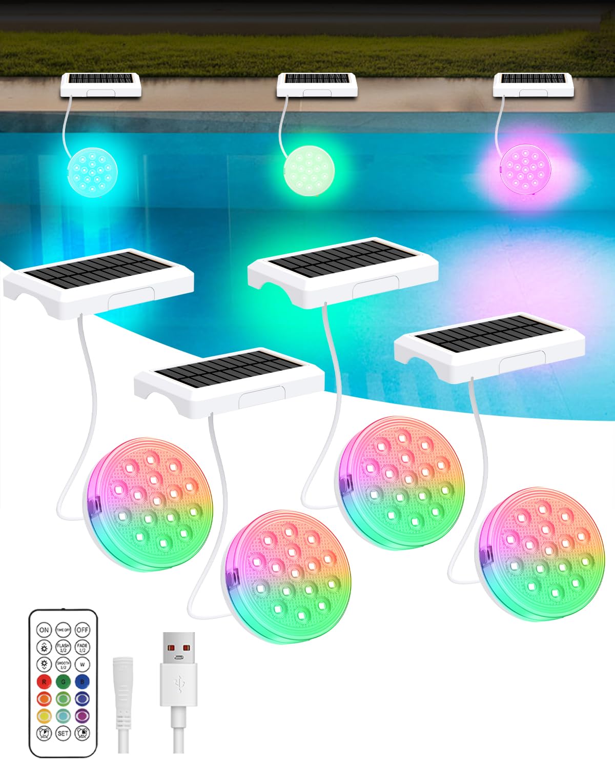 Ueyake front view pack shows four waterproof lights illuminating pool edges