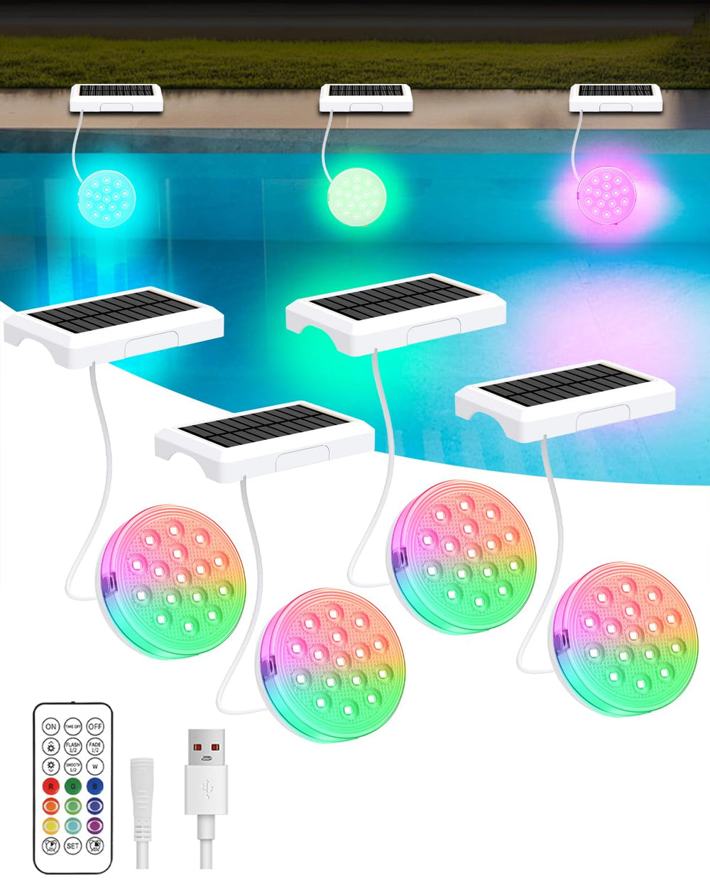 Ueyake front view pack shows four waterproof lights illuminating pool edges
