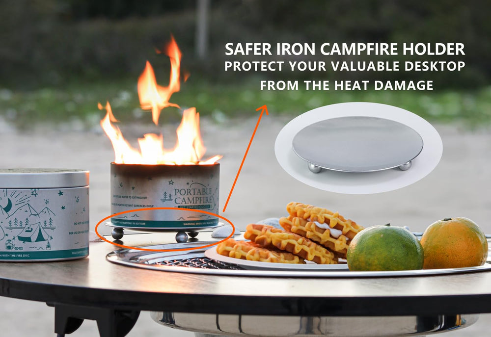 UFelice campfire seated in holder preventing tabletop heat transfer and protecting surfaces