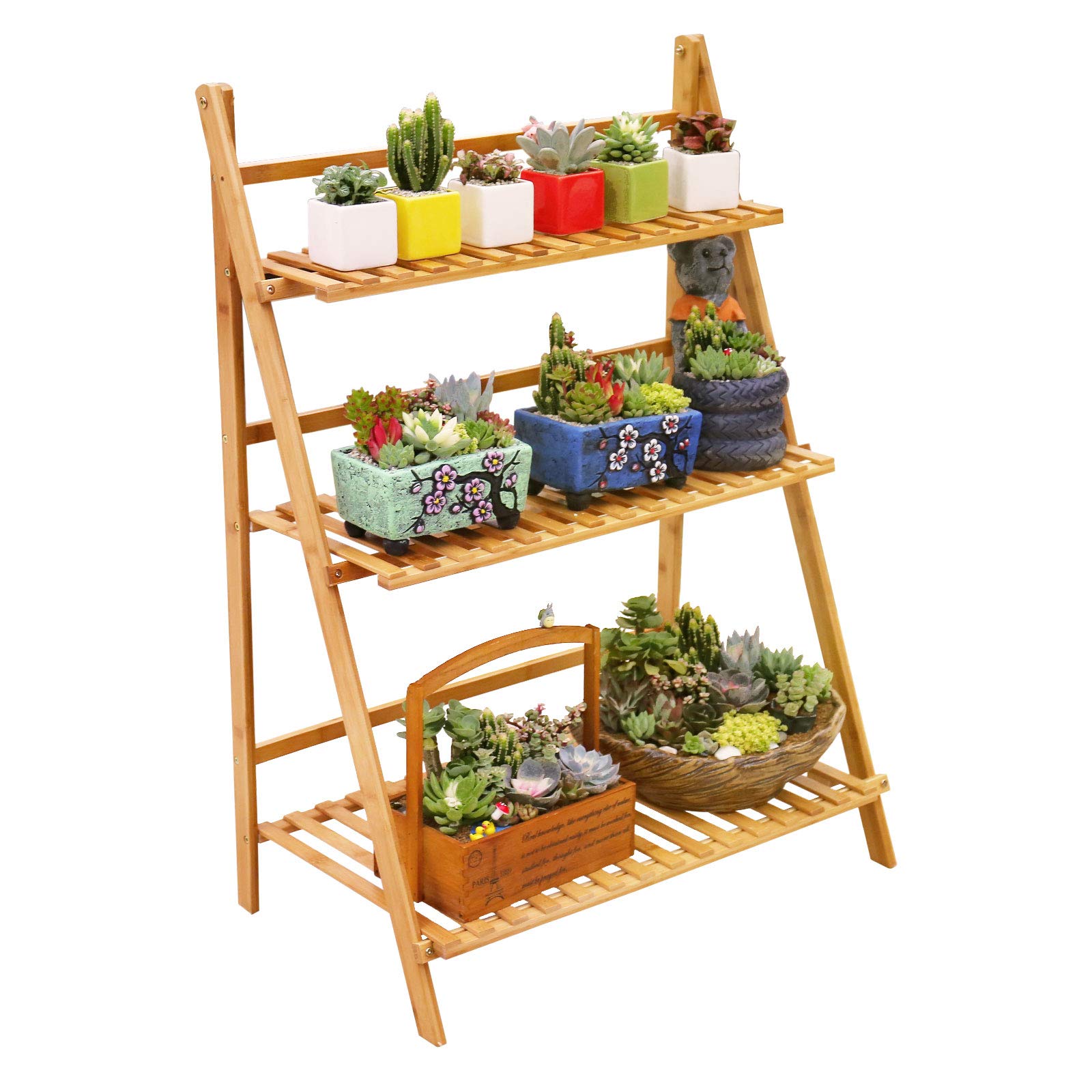 Ufine bamboo 3-tier plant stand front view showing neat display benefit