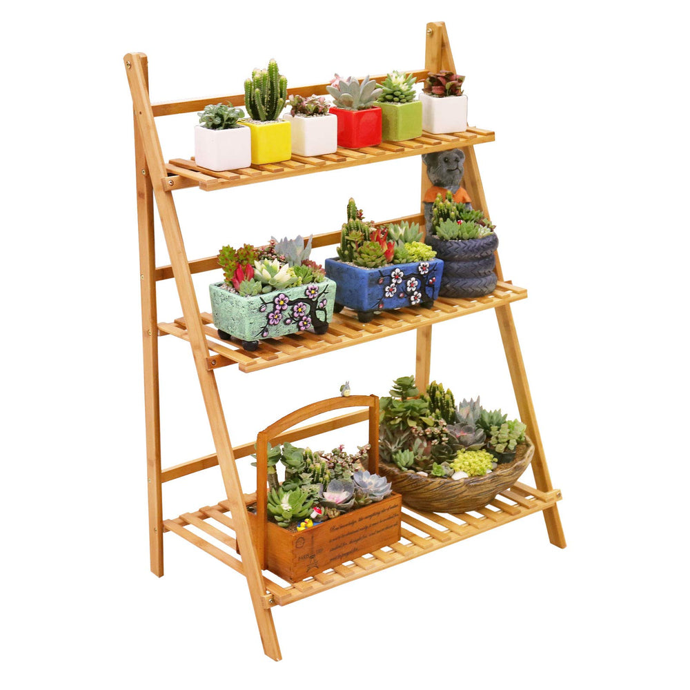 Ufine bamboo 3-tier plant stand front view showing neat display benefit