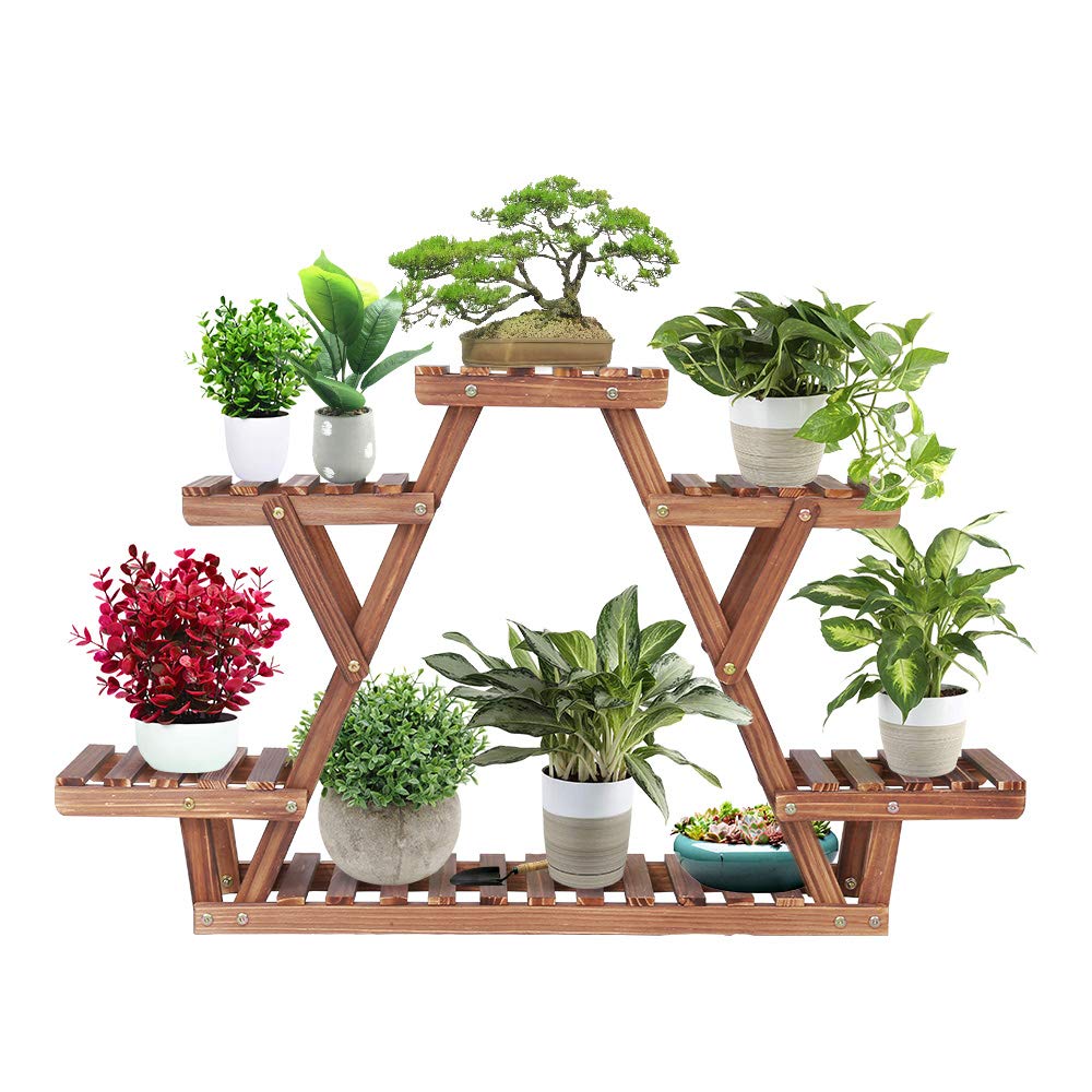 Ufine front view of triangular plant stand showing tiers and balance benefits