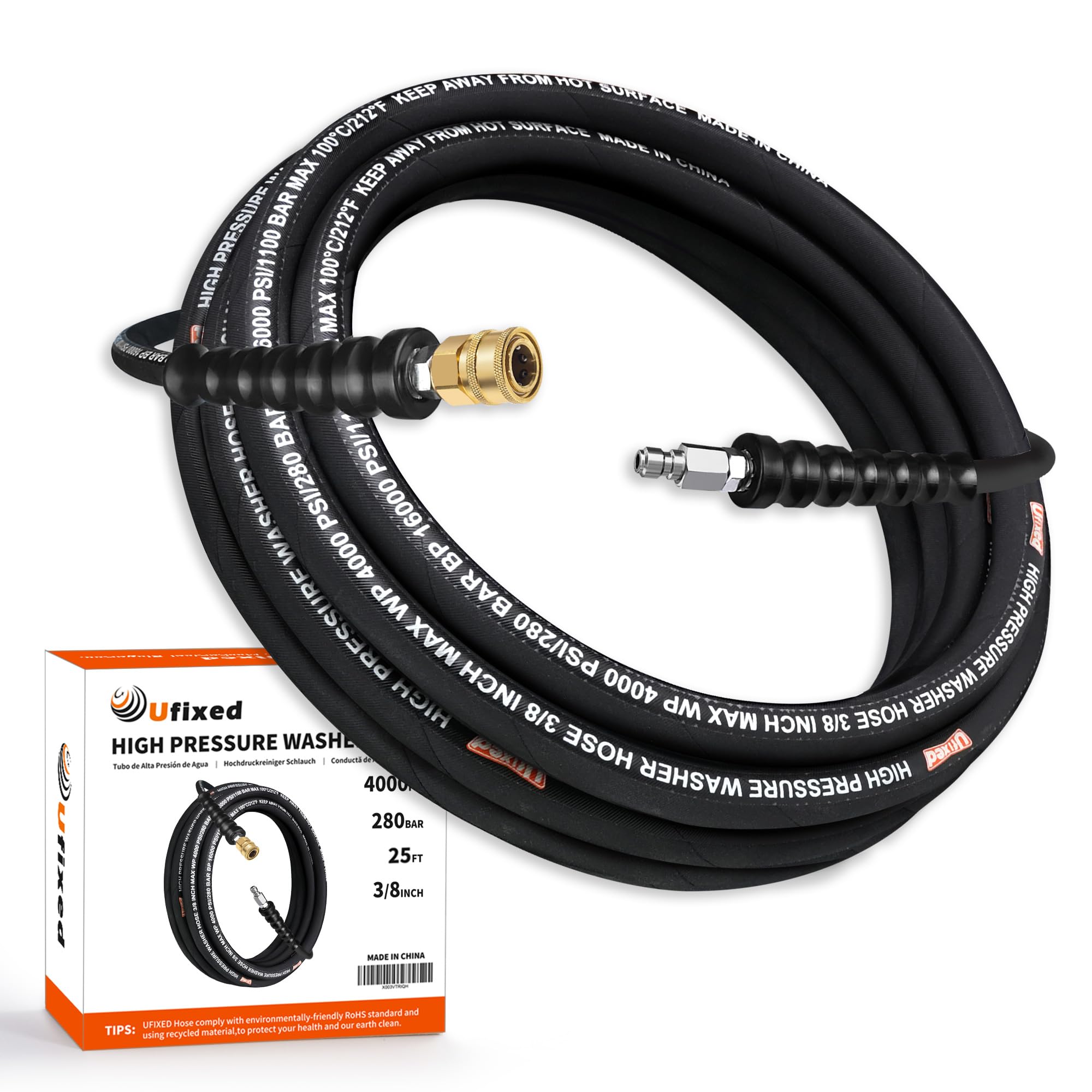 Ufixed front view showing full 25ft hose and connectors for reliable reach