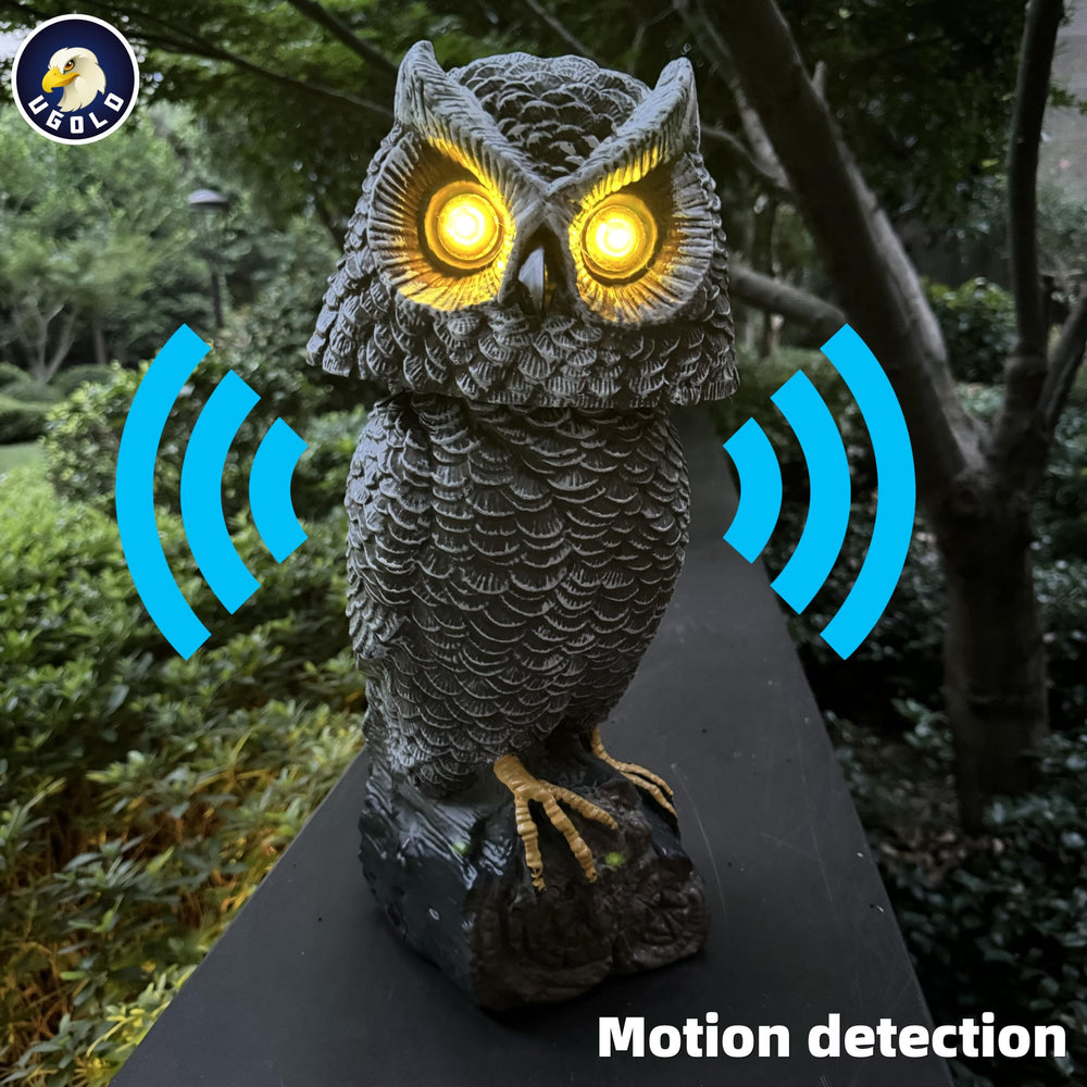 Ugold owl with eyes lit at night demonstrating motion-activated visibility