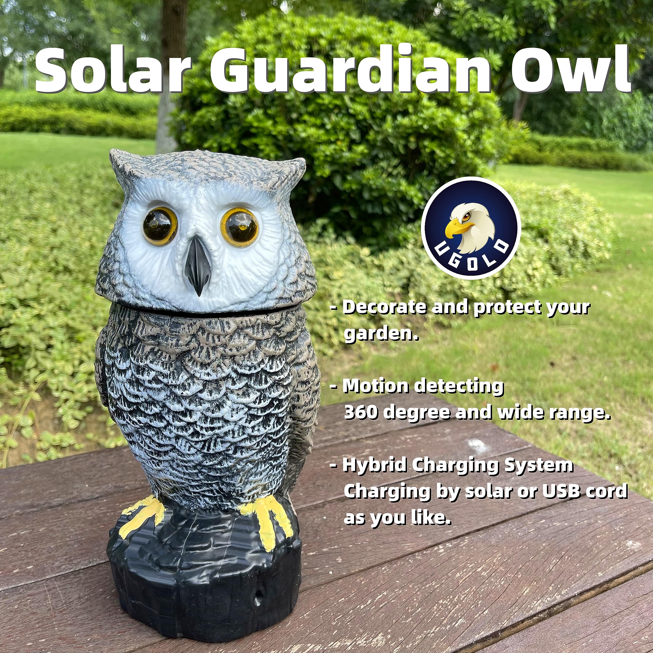 Ugold owl in garden detecting movement with illuminated eyes and rotating head benefit