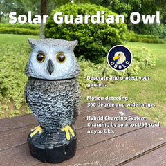 Ugold owl in garden detecting movement with illuminated eyes and rotating head benefit