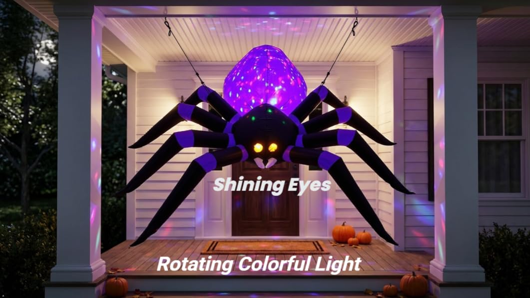 UHAVWILL inflatable spider in yard at night creating spooky ambiance
