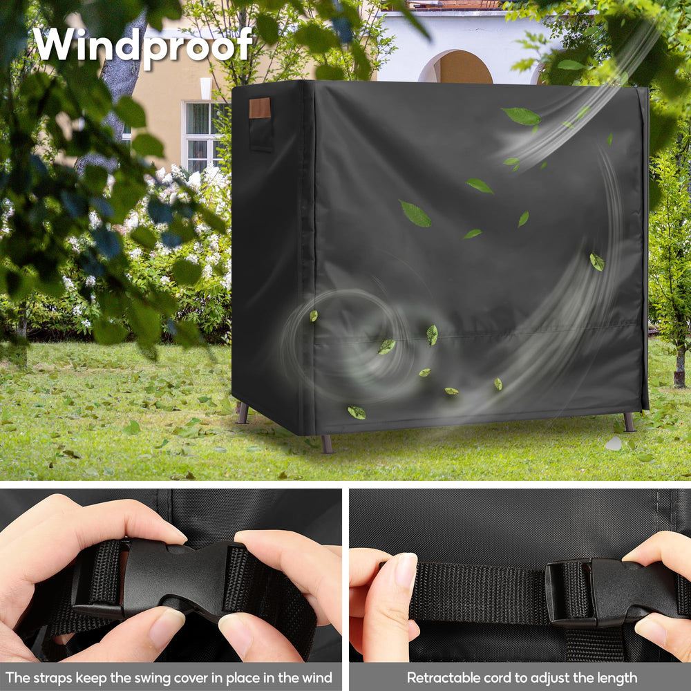 uHousDeco cover fitted on patio swing in backyard, keeps swing clean
