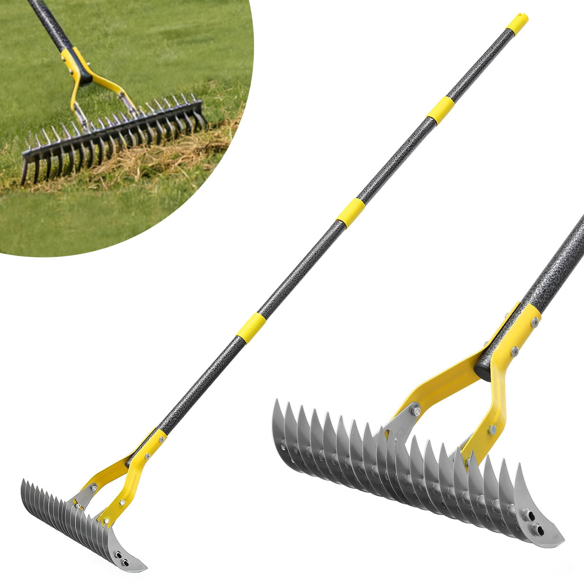 UIABOPZ front view of 15-inch thatch rake showing wide head and tines for faster cleaning