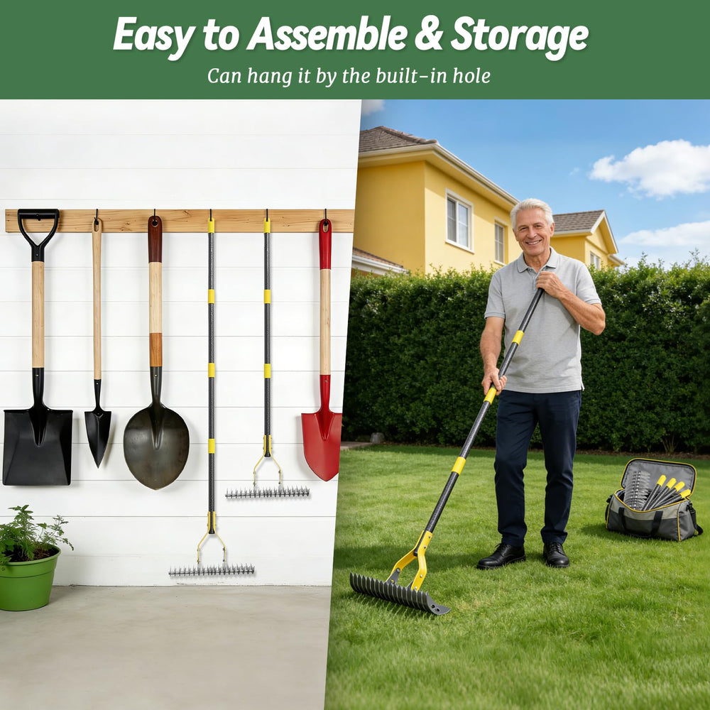 UIABOPZ rake leaning in garden setting showing tidy storage and easy access for yard work
