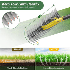 UIABOPZ rake in use with long tines penetrating soil for deeper dethatching benefit