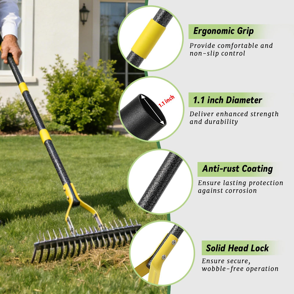 UIABOPZ rake beside measuring tape illustrating adjustable 40 to 70 inch handle for comfort
