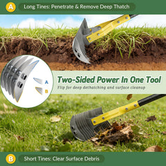 UIABOPZ short tines clearing leaves and moss on lawn for tidy surface finish