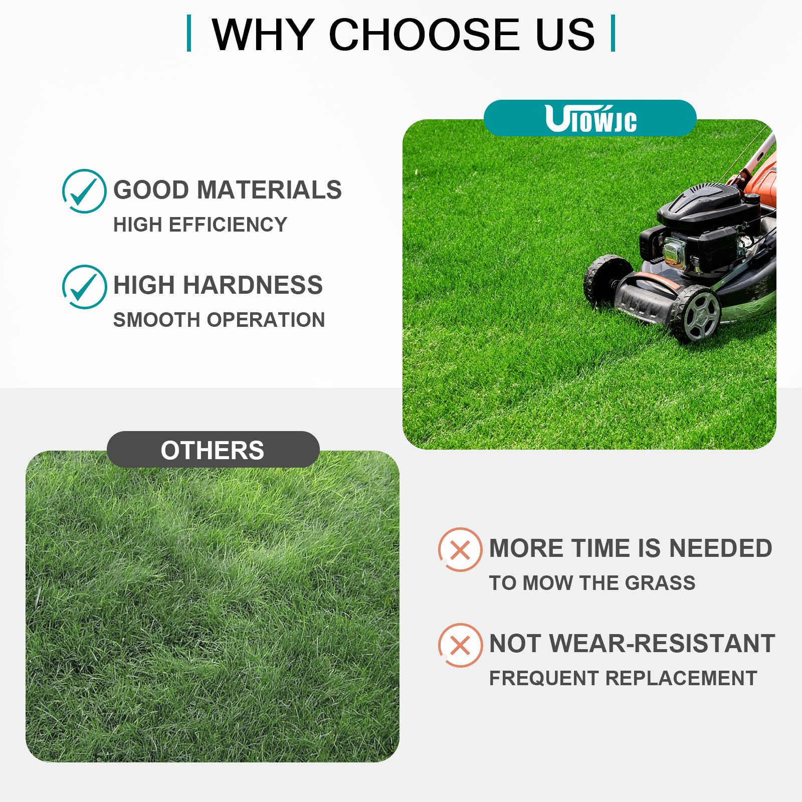 UIOWJC blades cutting grass with even clipping dispersion showcasing lift and flow benefits