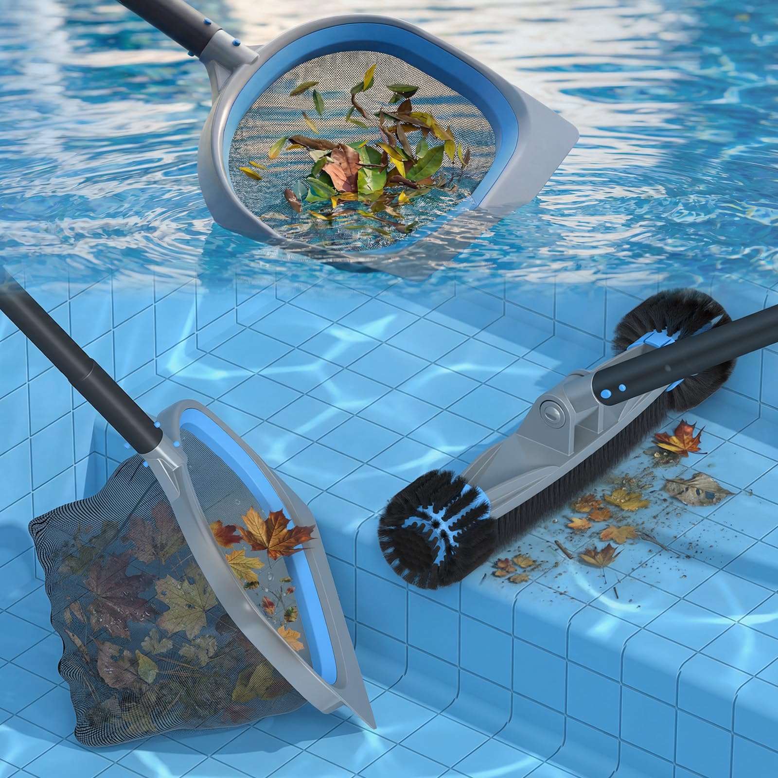 UIRWAY backyard pool lifestyle scene showing the kit in use for easy summer maintenance