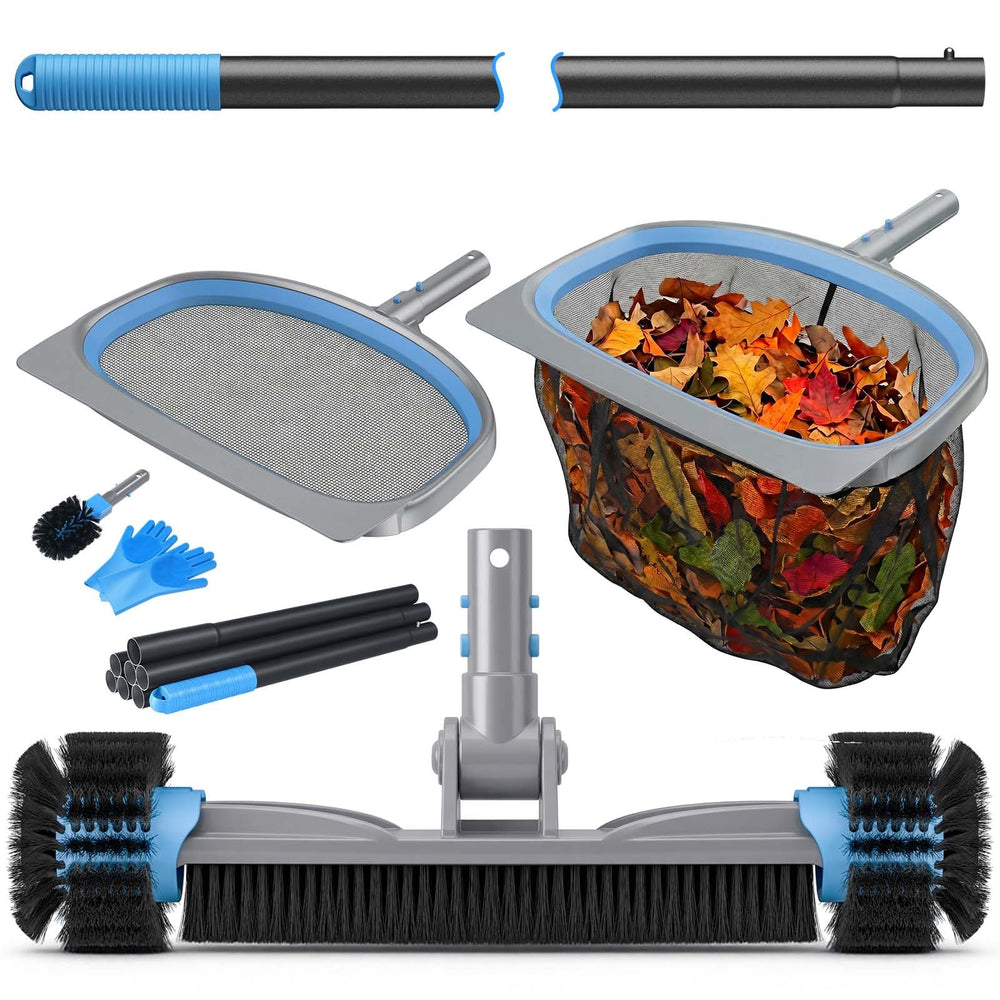 UIRWAY front kit layout showing all six cleaning tools for fast pool maintenance