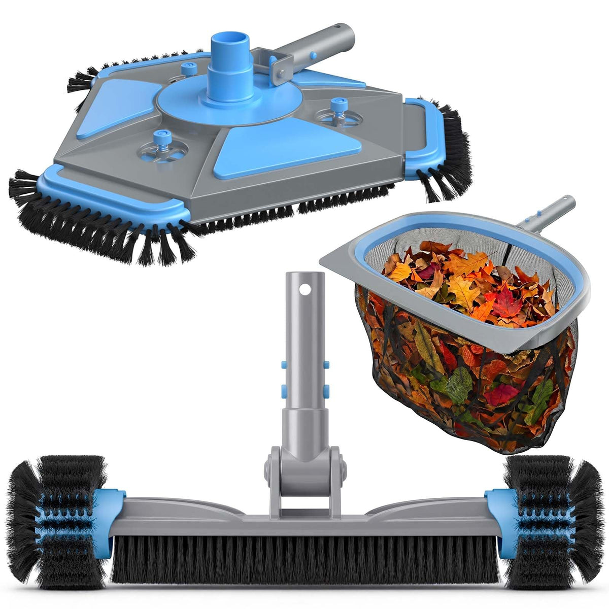 UIRWAY front view of trio kit showing vacuum head skimmer and brush for complete cleaning