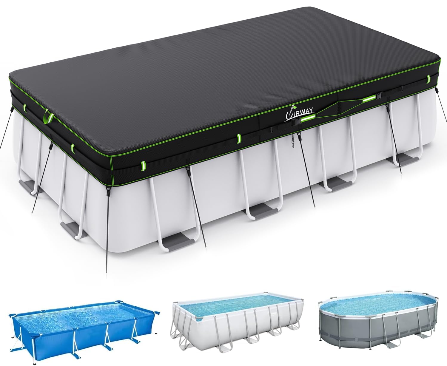 UIRWAY front view of rectangular pool cover showing full coverage benefit