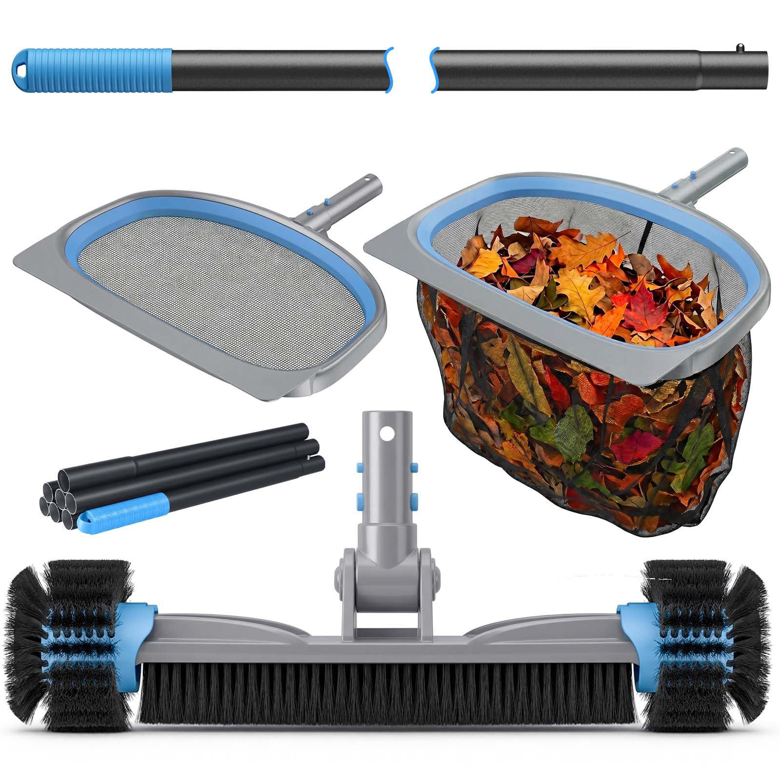 UIRWAY kit front layout showing all four cleaning attachments and pole for versatile pool care