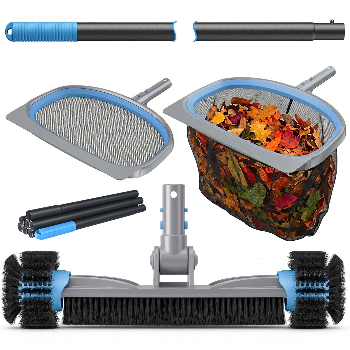 UIRWAY kit front layout showing all four cleaning attachments and pole for versatile pool care