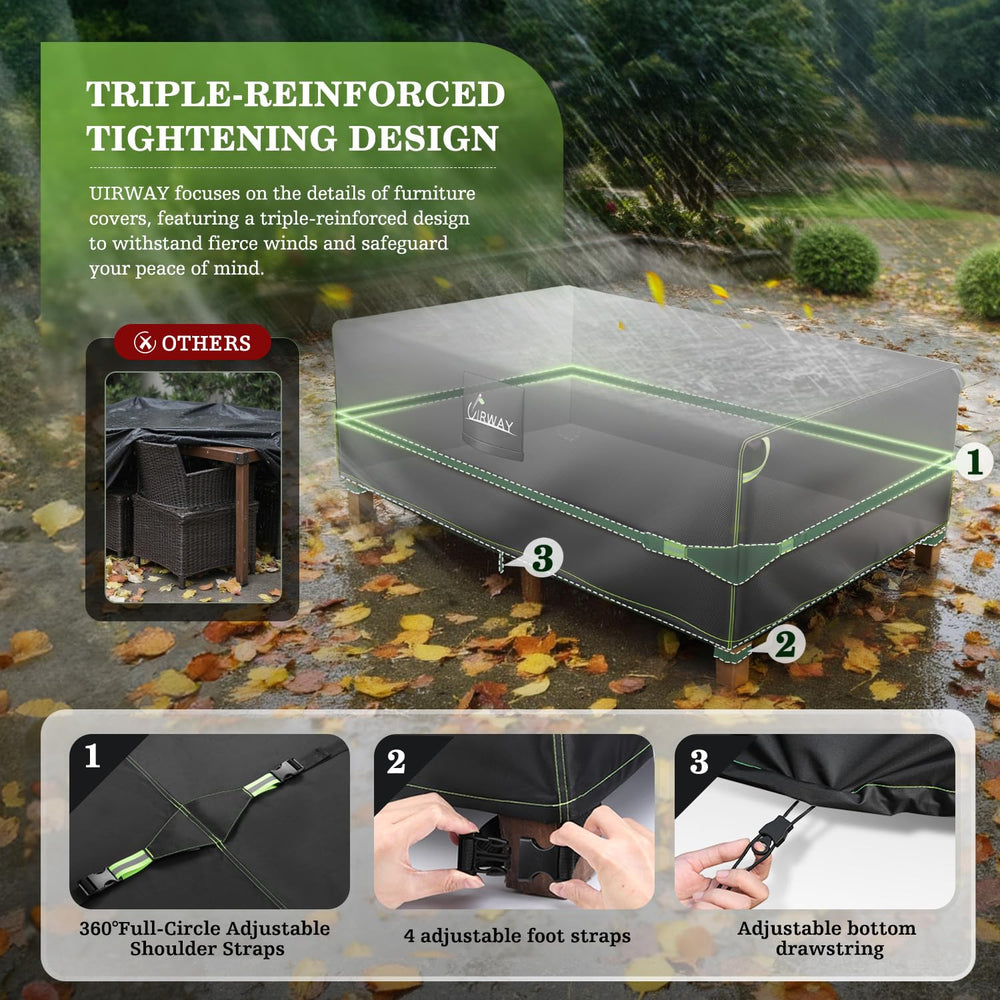 UIRWAY reinforced corner strap securing cover to furniture against strong winds
