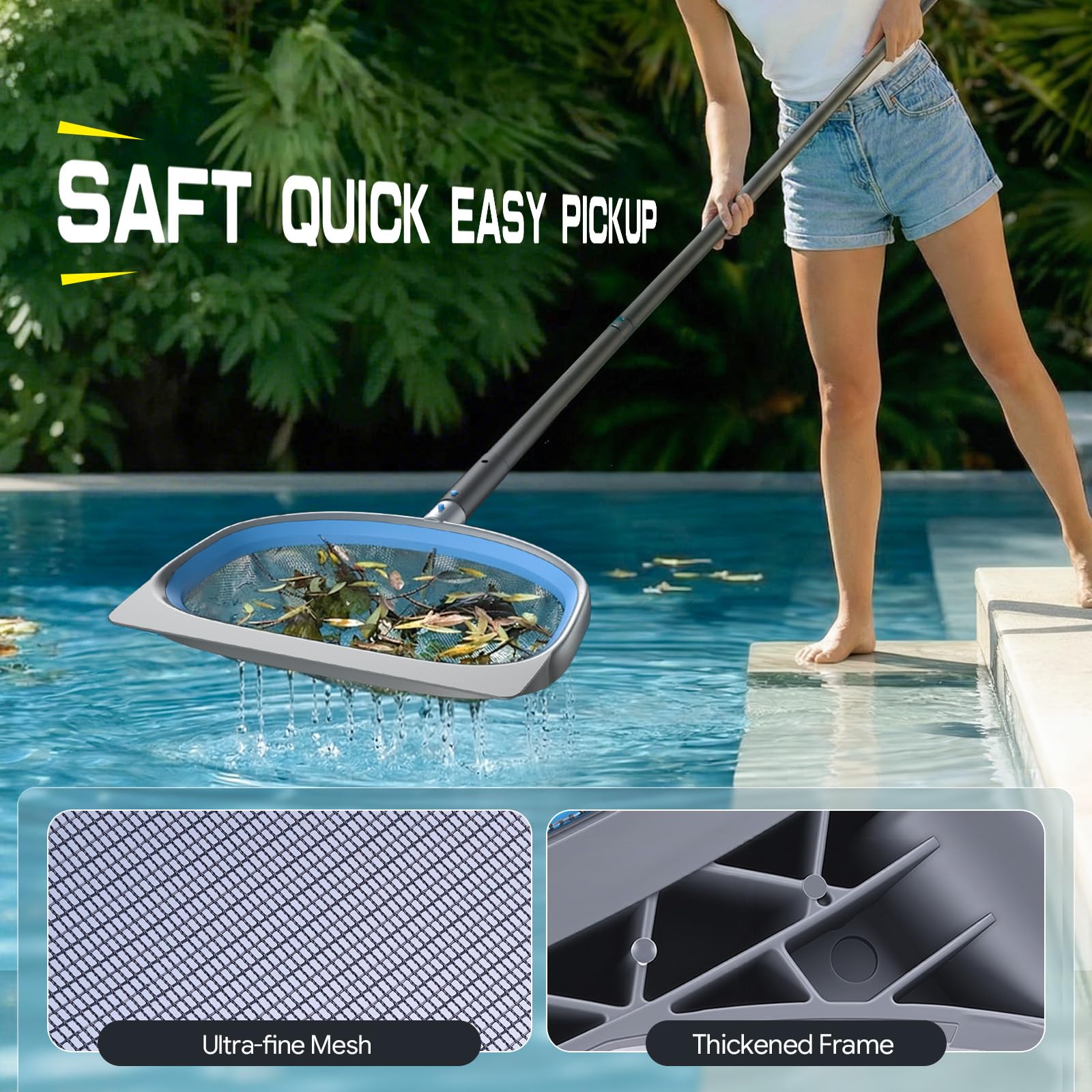 UIRWAY cleaning heads attached to pool pole in use for efficient skimming