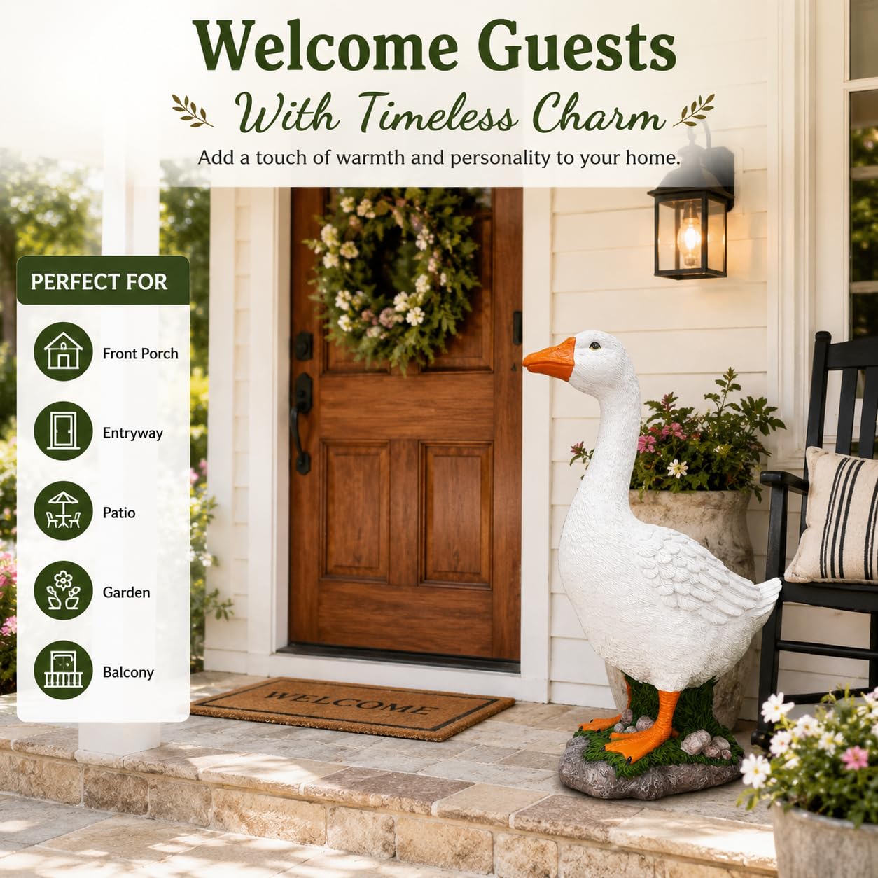 UKENEM goose staged on a porch offering instant farmhouse charm and guest greeting