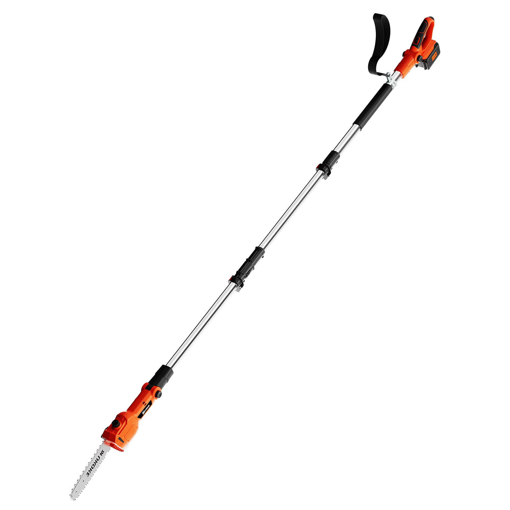 Ukoke pole saw front view showing compact design and included battery for easy storage