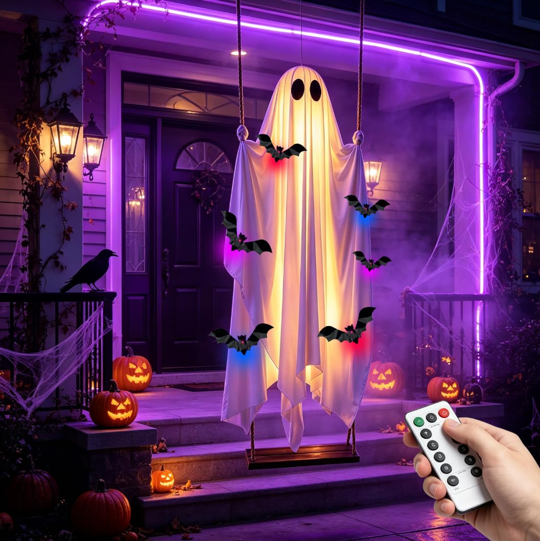 ULihaian front view of 5ft hanging ghost showing scale and dramatic effect