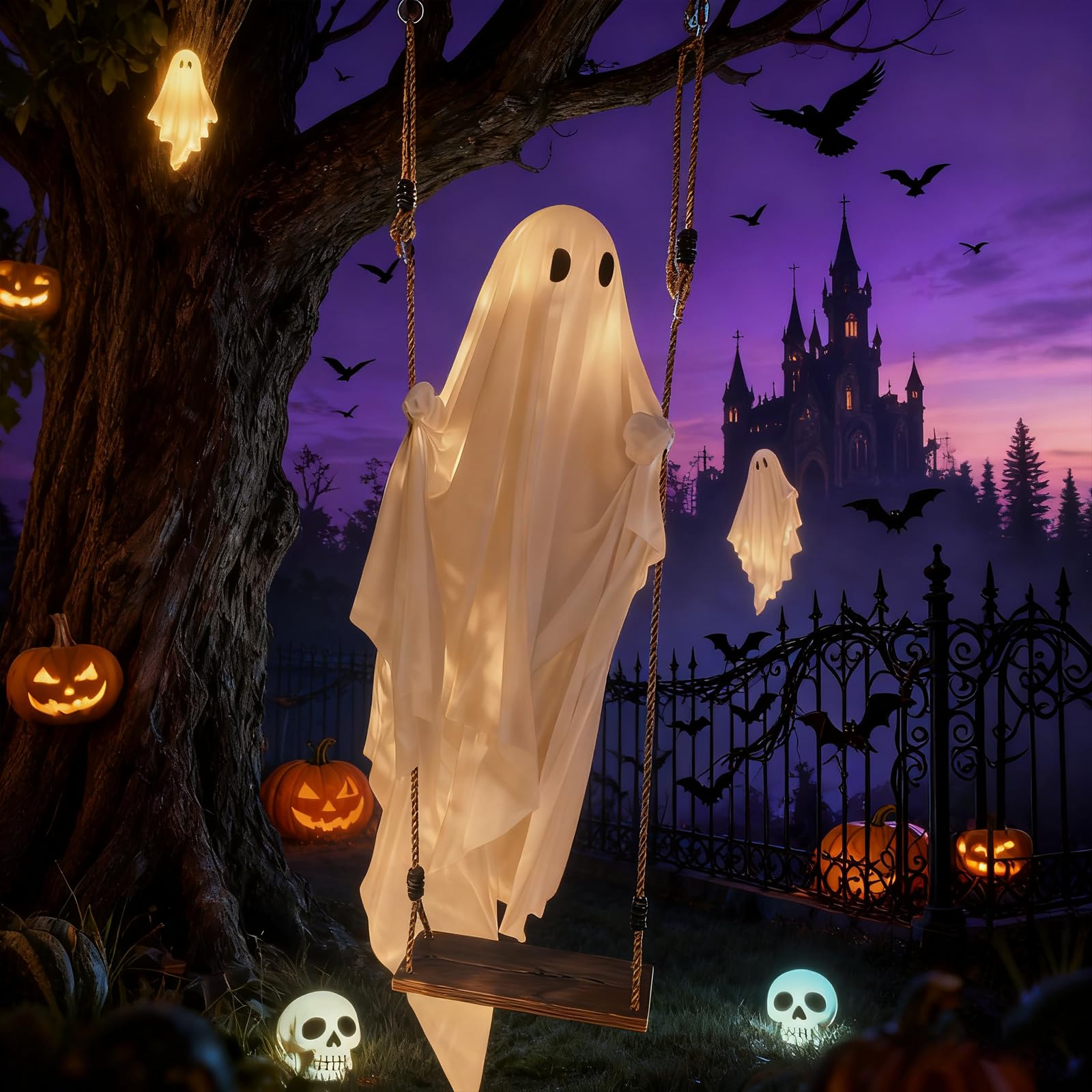 ULihaian side profile of swinging ghost on a porch showcasing motion