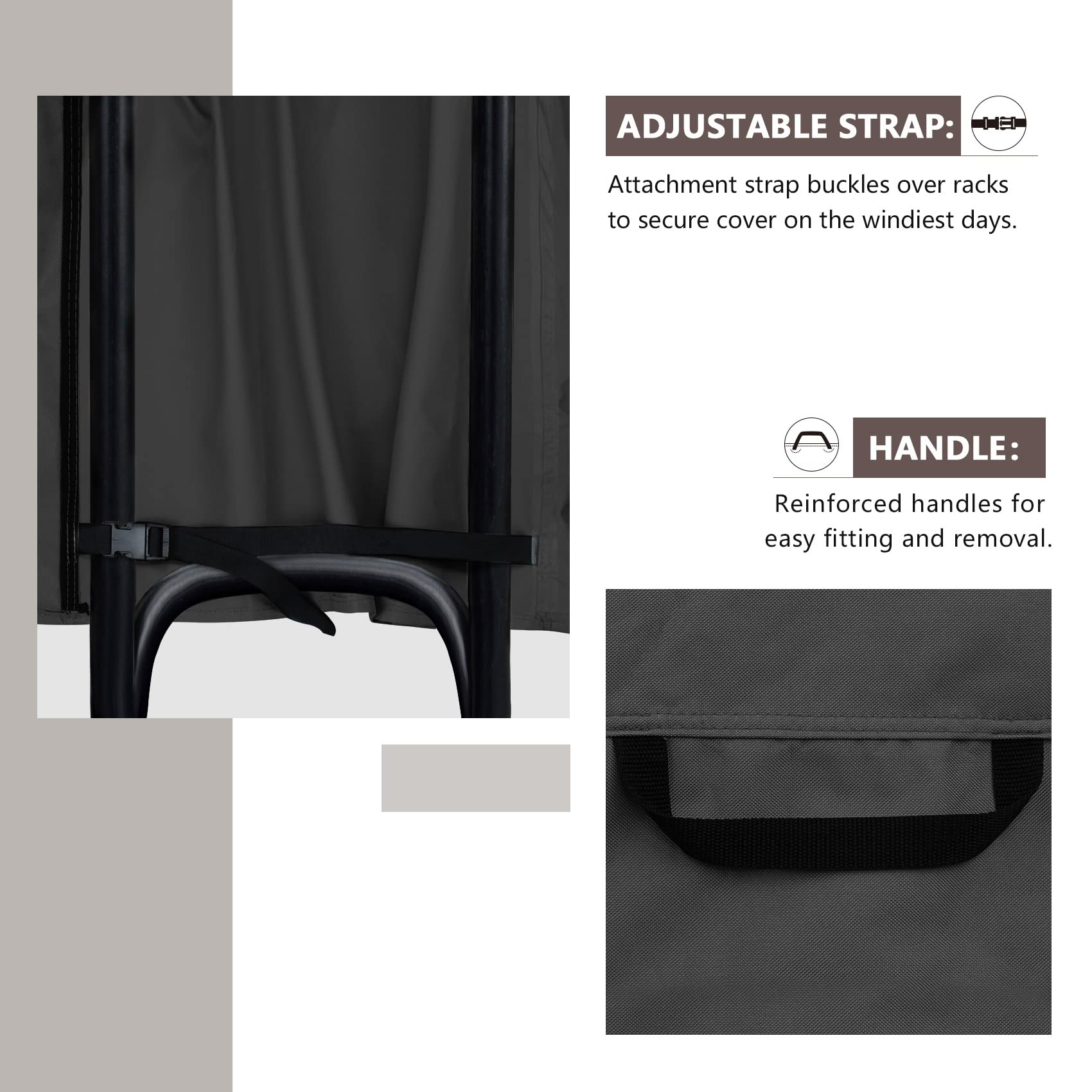 ULTCOVER adjustable buckle strap detail showing secure wind-resistant benefit