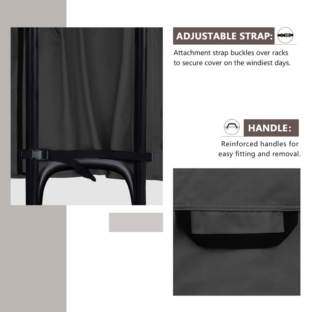 ULTCOVER adjustable buckle strap detail showing secure wind-resistant benefit